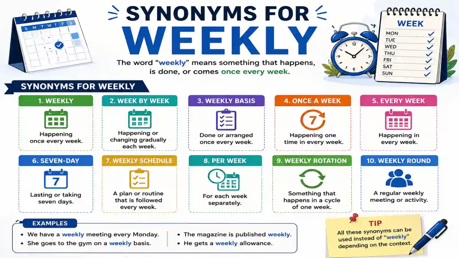 synonyms for weekly